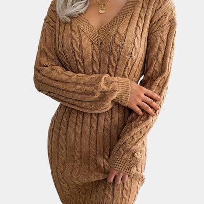 Gleame | Dames Trui Jurk Kabelpatroon V-Hals Lange Mouwen