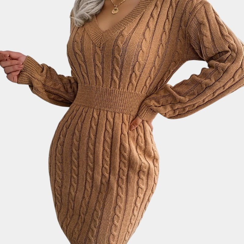 Gleame | Dames Trui Jurk Kabelpatroon V-Hals Lange Mouwen