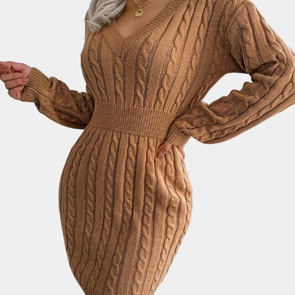 Gleame | Dames Trui Jurk Kabelpatroon V-Hals Lange Mouwen