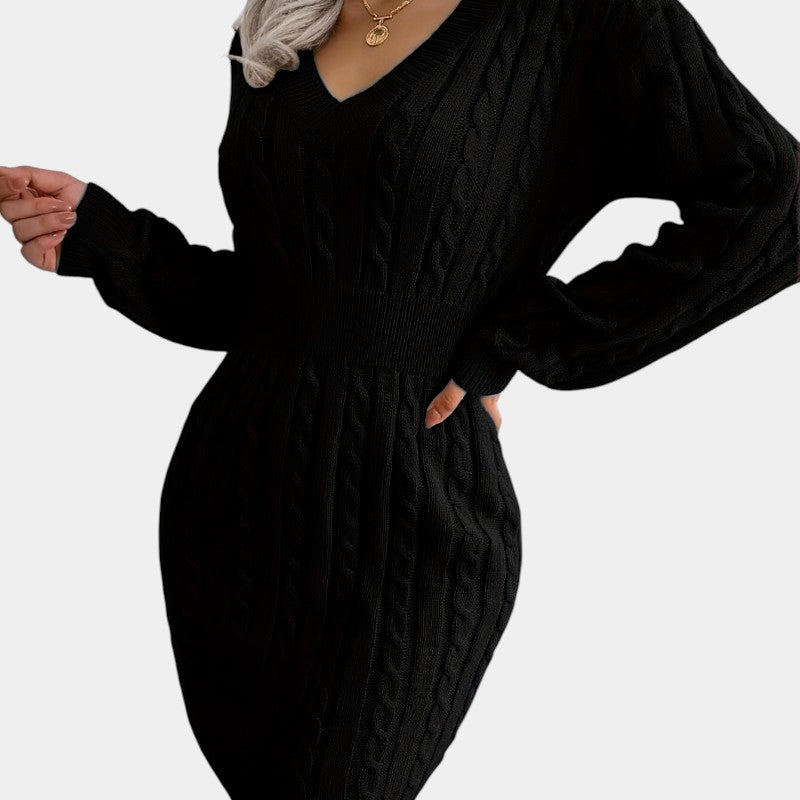 Gleame | Dames Trui Jurk Kabelpatroon V-Hals Lange Mouwen