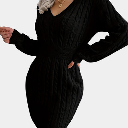 Gleame | Dames Trui Jurk Kabelpatroon V-Hals Lange Mouwen