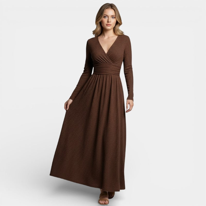 Gleame | Dames A-Lijn Maxi Jurk V-Hals Geribde Structuur