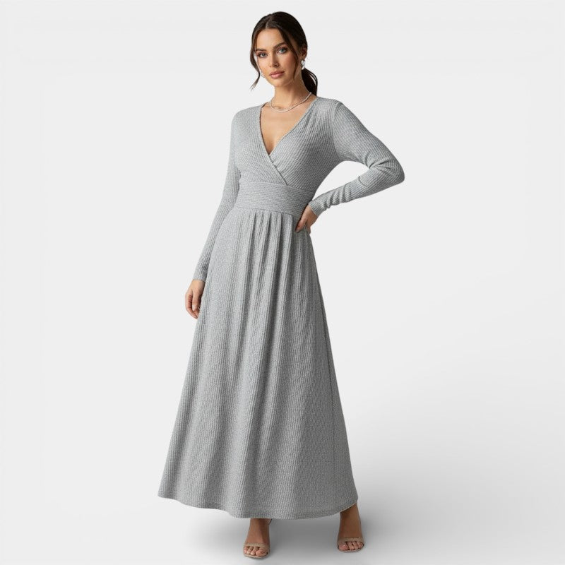 Gleame | Dames A-Lijn Maxi Jurk V-Hals Geribde Structuur