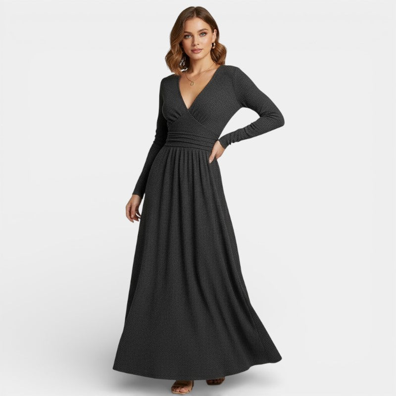 Gleame | Dames A-Lijn Maxi Jurk V-Hals Geribde Structuur