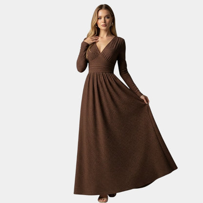Gleame | Dames A-Lijn Maxi Jurk V-Hals Lange Mouw