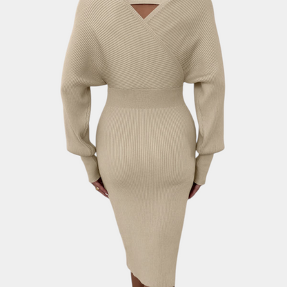 Gleame | Dames Bodycon Midi Jurk Geribde Structuur V-Hals Elegant