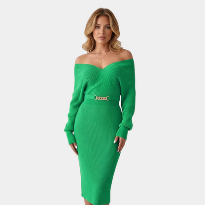 Gleame | Dames Bodycon Midi Jurk Geribde Structuur V-Hals Elegant