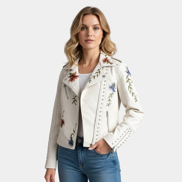 Gleame Dames Jas - Leren dames jas met bloemen in zwart en wit