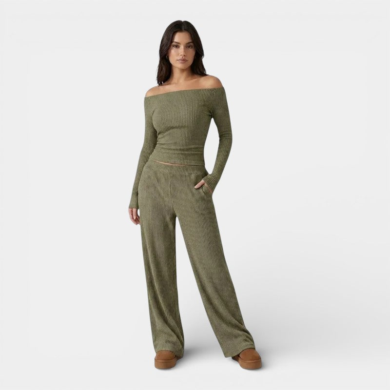 Gleame | Dames Lounge Set Geribde Structuur Ronde Hals Elegant