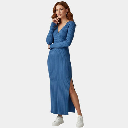 Gleame | Dames Maxi Jurk Geribde Structuur V-Hals Lange Mouw Elegant