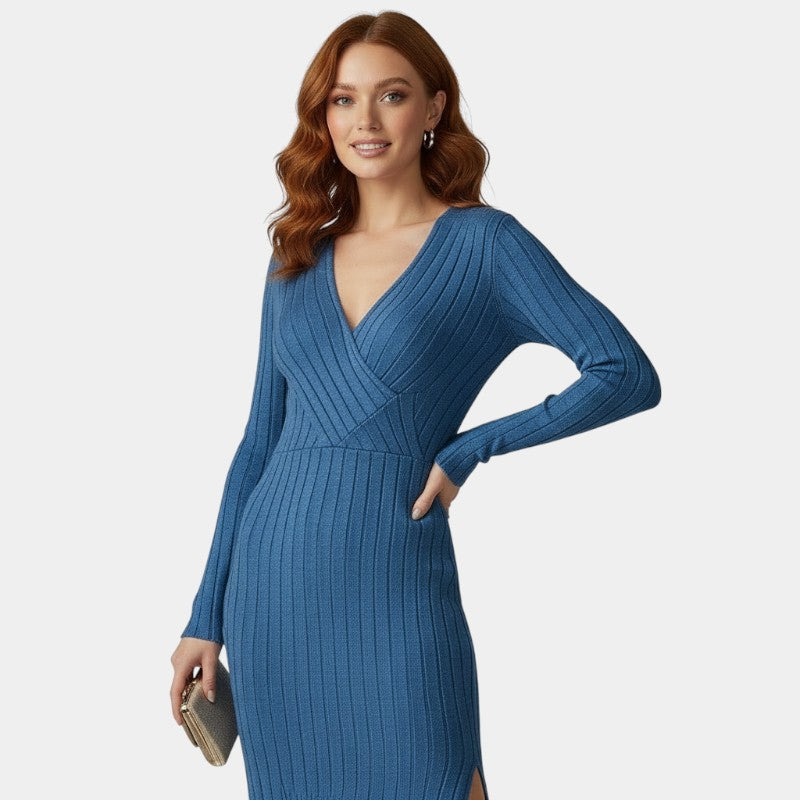 Gleame | Dames Maxi Jurk Geribde Structuur V-Hals Lange Mouw Elegant