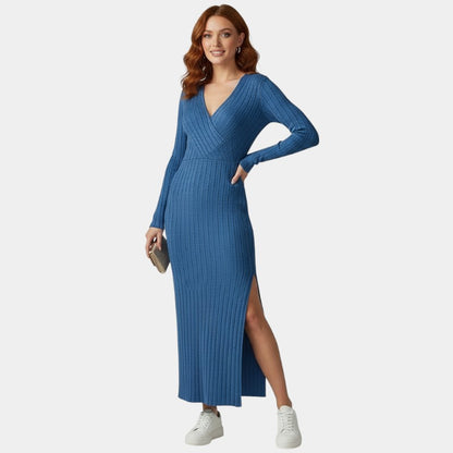 Gleame | Dames Maxi Jurk Geribde Structuur V-Hals Lange Mouw Elegant