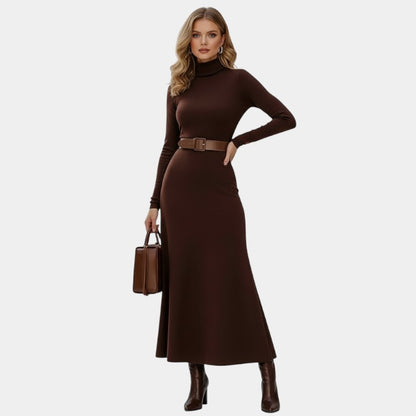 Gleame | Dames Maxi Jurk Hoge Hals Aansluitende Pasvorm Elegant