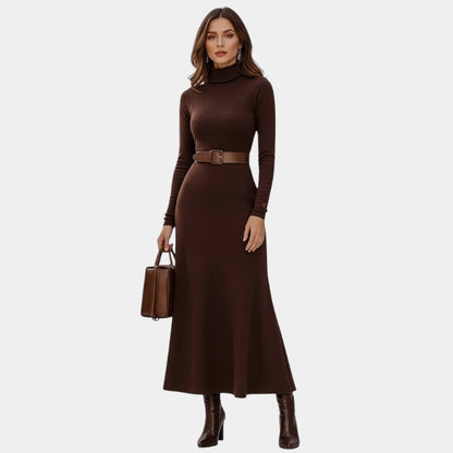 Gleame | Dames Maxi Jurk Hoge Hals Aansluitende Pasvorm Elegant