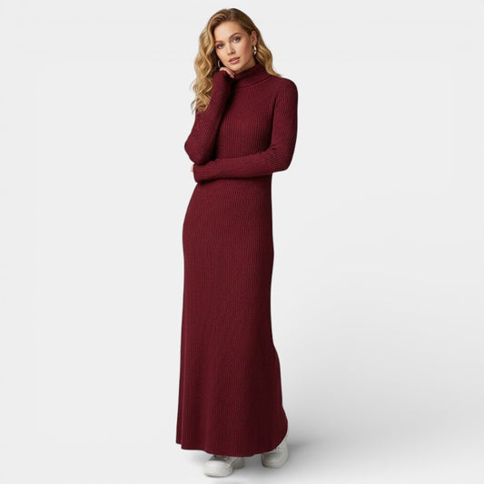 Gleame | Dames Maxi Jurk Hoge Hals Lange Mouw Aansluitend