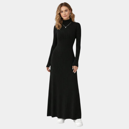 Gleame | Dames Maxi Jurk Hoge Hals Lange Mouw Aansluitende Pasvorm