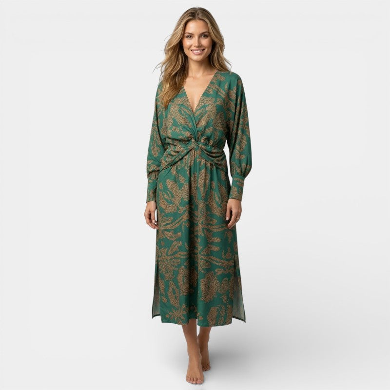 Gleame | Dames Maxi Jurk V-Hals Lange Mouw Elegante Pasvorm