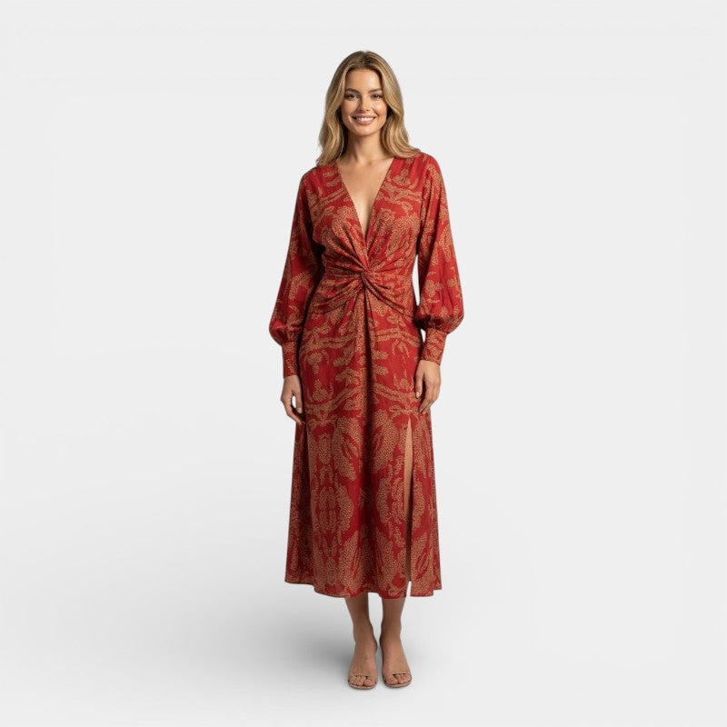 Gleame | Dames Maxi Jurk V-Hals Lange Mouw Elegante Pasvorm