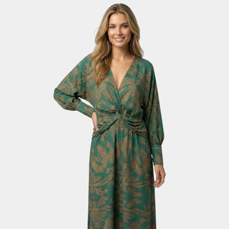 Gleame | Dames Maxi Jurk V-Hals Lange Mouw Elegante Pasvorm