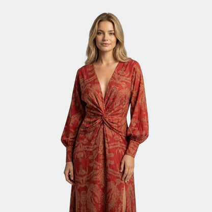 Gleame | Dames Maxi Jurk V-Hals Lange Mouw Elegante Pasvorm