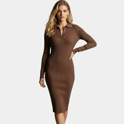 Gleame | Dames Midi Jurk Geribde Structuur Polo Kraag