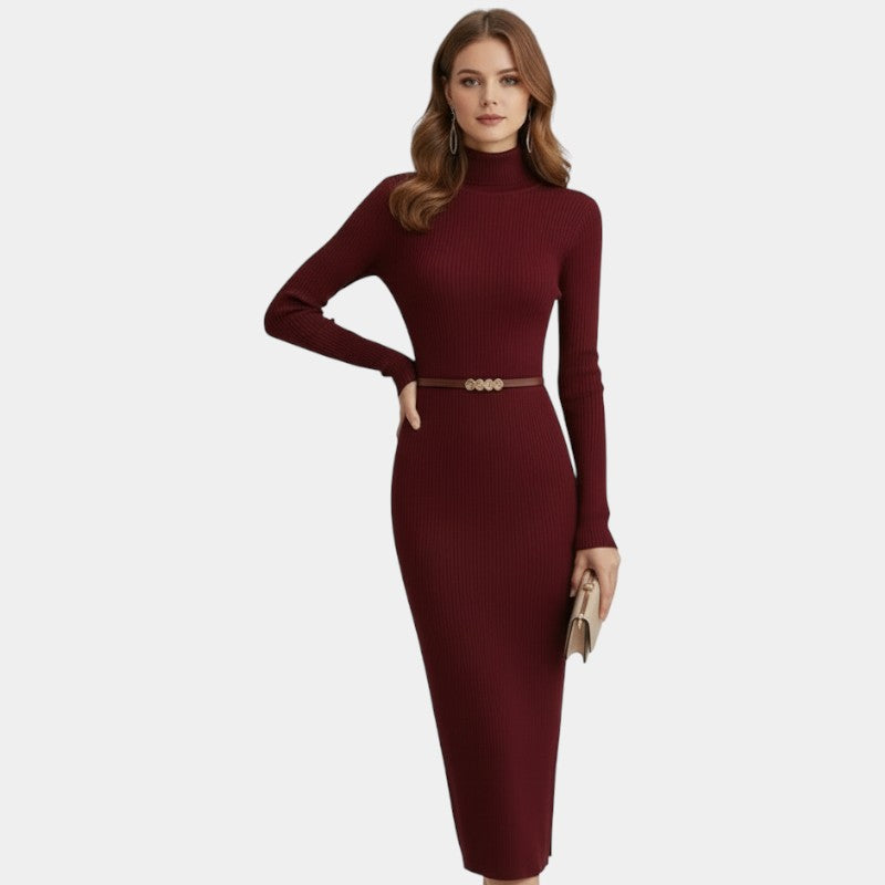 Gleame | Dames Midi Jurk Hoge Hals Geribde Structuur Elegant