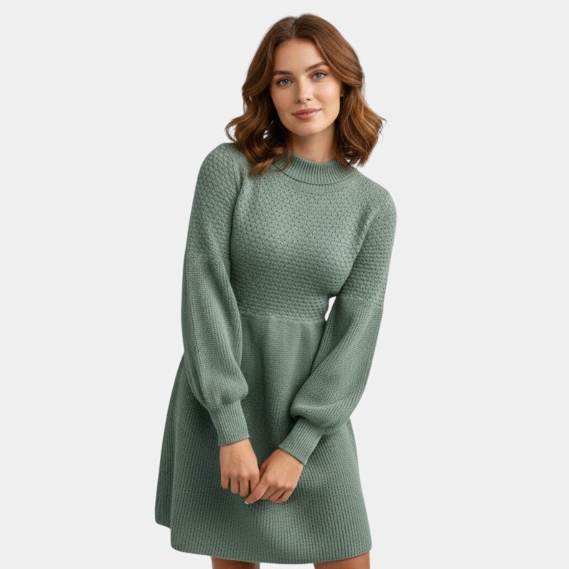 Gleame | Dames Midi Jurk Hoge Hals Lange Mouw Elegante Pasvorm