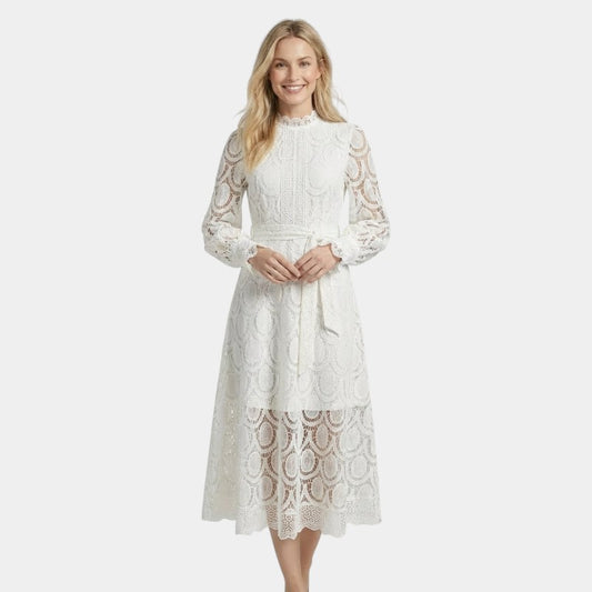 Gleame | Dames Midi Jurk van Kant met Hoge Hals en Elegante Pasvorm