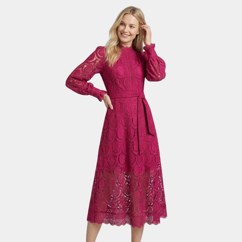 Gleame | Dames Midi Jurk van Kant met Hoge Hals en Elegante Pasvorm