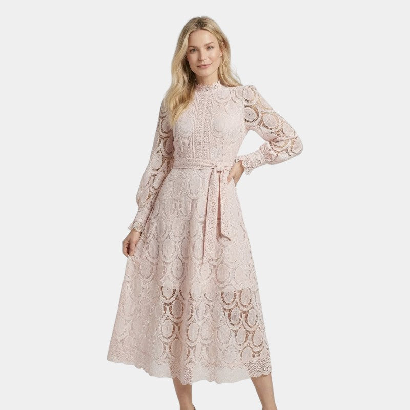 Gleame | Dames Midi Jurk van Kant met Hoge Hals en Elegante Pasvorm