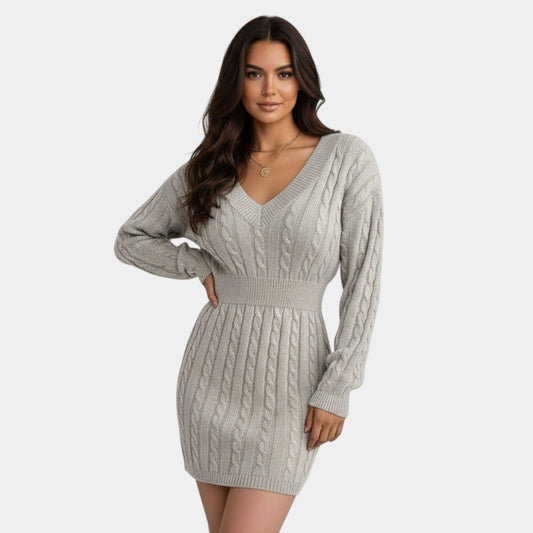 Gleame | Dames Trui Jurk Kabelpatroon V-Hals Lange Mouwen