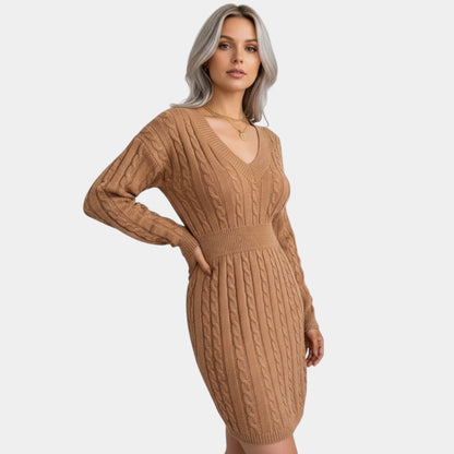 Gleame | Dames Trui Jurk Kabelpatroon V-Hals Lange Mouwen