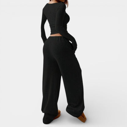 Gleame | Dames Tweedelige Set Geribde Structuur Ronde Hals