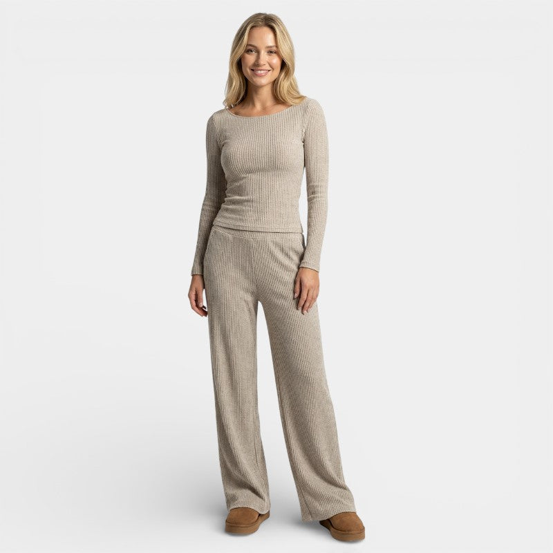 Gleame | Dames Tweedelige Set Geribde Structuur Ronde Hals