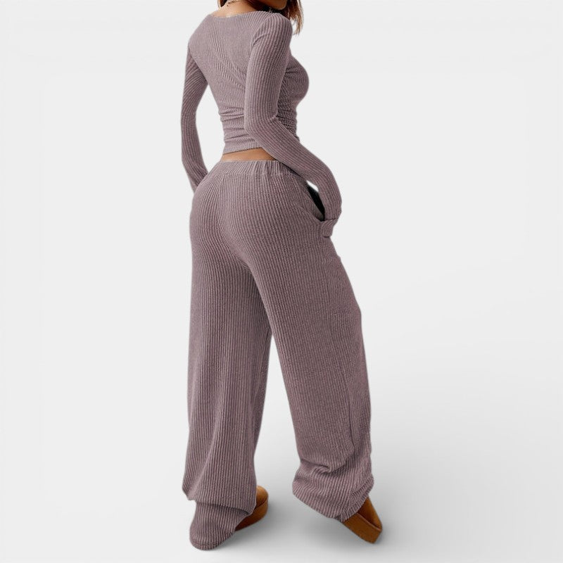 Gleame | Dames Tweedelige Set Geribde Structuur Ronde Hals