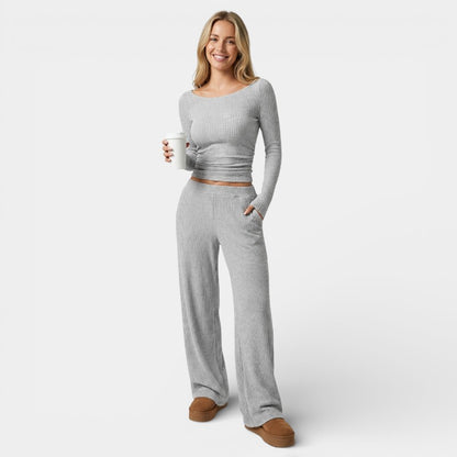 Gleame | Dames Tweedelige Set Geribde Structuur Ronde Hals