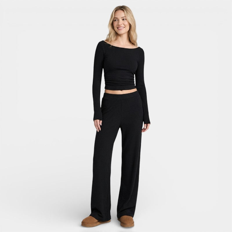 Gleame | Dames Tweedelige Set Geribde Structuur Ronde Hals