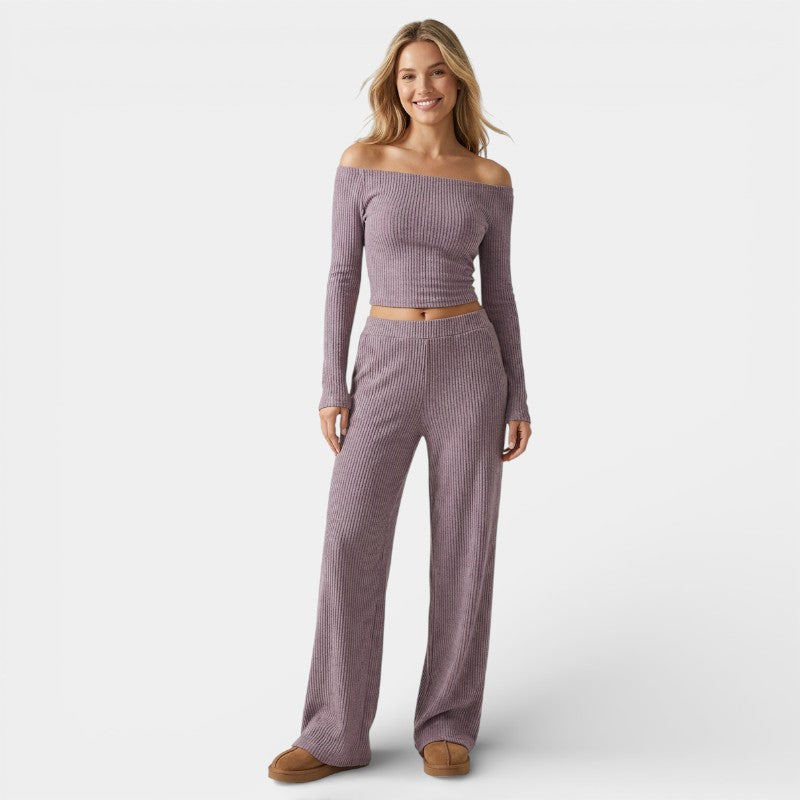 Gleame | Dames Tweedelige Set Geribde Structuur Ronde Hals