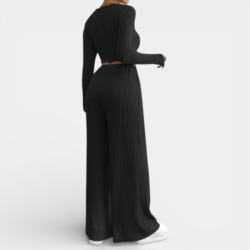 Gleame | Dames Tweedelige Set Geribde Structuur Wijde Pijpen