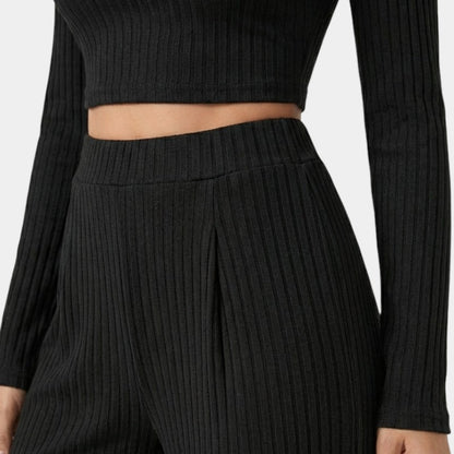 Gleame | Dames Tweedelige Set Geribde Structuur Wijde Pijpen