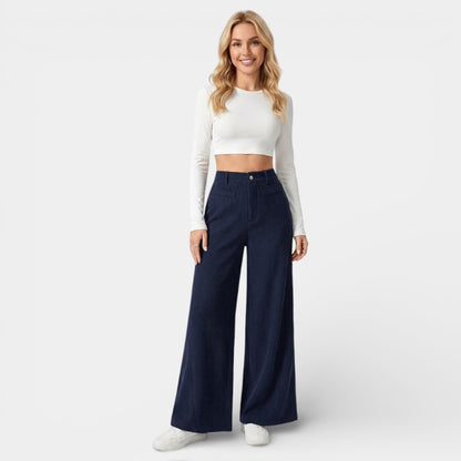 Gleame | Dames Wijde Broek Hoge Taille Geribde Structuur Elegant