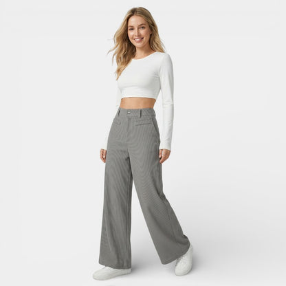 Gleame | Dames Wijde Broek Hoge Taille Geribde Structuur Elegant