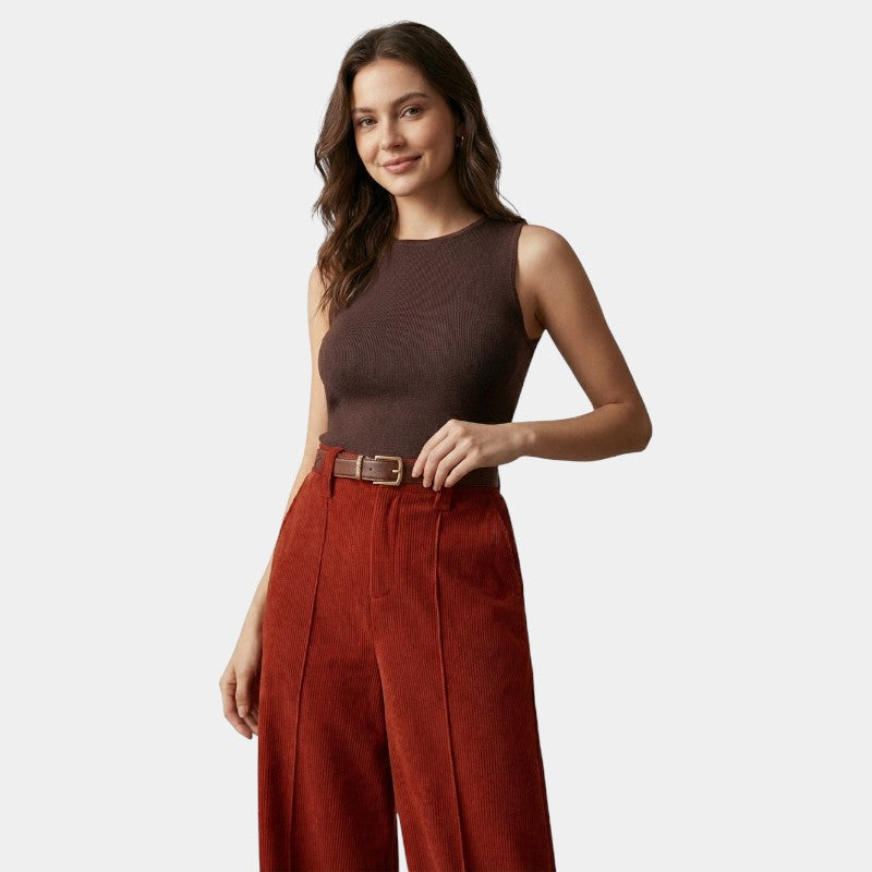 Gleame | Dames Wijde Broek Hoge Taille Geribde Structuur Elegant