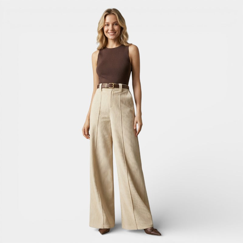 Gleame | Dames Wijde Broek Hoge Taille Geribde Structuur Elegant