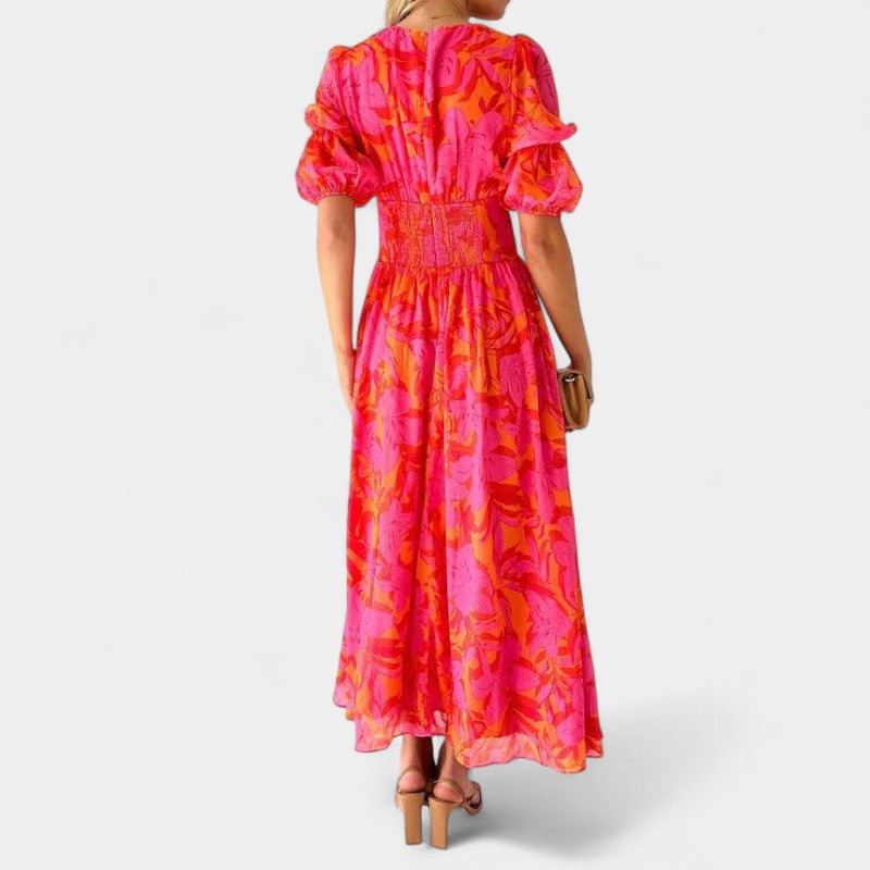 Gleame Lange Jurk - Roze maxi dress met V-hals en korte mouwen