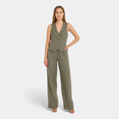 Gleame.-Outfit sets-Gleame Set - Tweedelig linnen pak met mouwloos gilet en wijde broek