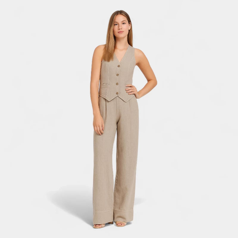 Gleame.-Outfit sets-Gleame Set - Tweedelig linnen pak met mouwloos gilet en wijde broek