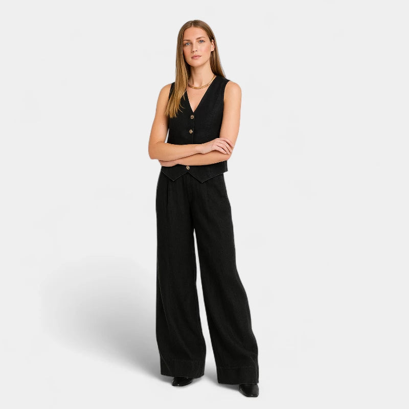 Gleame.-Outfit sets-Gleame Set - Tweedelig linnen pak met mouwloos gilet en wijde broek