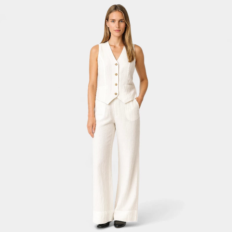 Gleame.-Outfit sets-Gleame Set - Tweedelig linnen pak met mouwloos gilet en wijde broek
