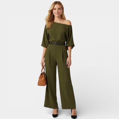 Gleame | Dames Tweedelige Set Asymmetrische Hals Wijde Broek Elegant